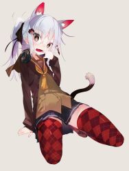 Rule 34 | 1girl, animal ears, argyle, argyle clothes, argyle legwear, cardigan, cat ears, cat tail, extra ears, fang, finger in own mouth, grey background, hair ornament, hair ribbon, hairclip, headphones, high ponytail, highres, karei (hirameme), long hair, long sleeves, looking at viewer, neckerchief, open mouth, original, patterned legwear, ribbon, school uniform, serafuku, shirt, silver hair, simple background, skirt, solo, symbol-shaped pupils, tail, thighhighs, untucked shirt, zettai ryouiki