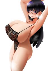 Rule 34 | 1girl, armpits, arms up, breasts, cleavage, closed mouth, collarbone, covered erect nipples, feet out of frame, female focus, glasses, highres, huge breasts, kumakono, lingerie, long hair, looking at viewer, original, purple eyes, purple hair, see-through, sideboob, simple background, smile, solo, steam, underwear, white background