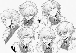 Rule 34 | 1boy, aventurine (honkai: star rail), closed mouth, collared shirt, earrings, fur trim, glasses, greyscale, hair between eyes, hair over one eye, highres, honkai: star rail, honkai (series), jewelry, looking at viewer, looking to the side, male focus, monochrome, multiple views, open mouth, portrait, shirt, short hair, simple background, tomono tomochan