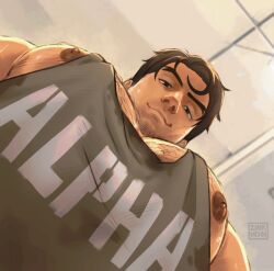 Rule 34 | 1boy, artist name, bara, beowulf (skullgirls), chest hair, closed mouth, facial hair, grey tank top, indoors, large pectorals, looking at viewer, male focus, muscular, muscular male, nipples, pectorals, short hair, skullgirls, smile, solo, tank top, zink (zink mchn)