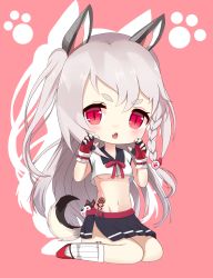 Rule 34 | 1girl, :o, animal ears, azur lane, bad id, bad pixiv id, belt, belt buckle, black skirt, blue nails, blush, braid, breasts, buckle, chibi, claw pose, commentary request, crop top, crop top overhang, fang, fingerless gloves, gloves, hair between eyes, hair ornament, heart, highres, kyuujou komachi, long hair, looking at viewer, loose socks, medium breasts, midriff, multicolored nails, nail polish, navel, parted lips, paw print, paw print background, pink background, pink nails, pleated skirt, red belt, red eyes, red footwear, red gloves, red nails, red ribbon, ribbon, school uniform, serafuku, shirt, shoes, short sleeves, side braid, silver hair, simple background, sitting, skirt, socks, solo, tail, thick eyebrows, underboob, very long hair, wariza, white shirt, white socks, wolf ears, wolf girl, wolf tail, yellow nails, yuudachi (azur lane)
