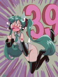 Rule 34 | 1990s (style), 1girl, anime coloring, aqua hair, boots, choroli (chorolin), commentary, crying, detached sleeves, film grain, hatsune miku, headset, long hair, necktie, no pants, open mouth, panties, panty pull, parody, retro artstyle, skirt, sleeveless, solo, style parody, sweatdrop, thigh boots, thighhighs, twintails, underwear, unworn skirt, very long hair, vocaloid, wedgie