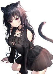 Rule 34 | 1girl, animal ear fluff, animal ears, arm support, black choker, black dress, black hair, braid, breasts, brown hair, cat ears, cat girl, cat tail, choker, cleavage, closed mouth, collarbone, commentary request, copyright request, cross-laced clothes, dress, fingernails, hair between eyes, long hair, long sleeves, looking at viewer, medium breasts, nail polish, on one knee, pleated dress, red eyes, red nails, side braid, simple background, single braid, sleeves past wrists, solo, tail, takeashiro, very long hair, white background