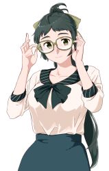 Rule 34 | 10s, 1girl, adjusting eyewear, bad id, bad twitter id, bespectacled, black hair, bow, casual, glasses, green-framed eyewear, green eyes, hair bow, irako (kancolle), kantai collection, long hair, ojipon, ponytail, simple background, smile, solo, upper body, white background
