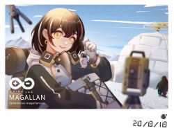 Rule 34 | 1girl, :d, absurdres, arknights, backpack, bag, brown hair, camill, character name, chromatic aberration, drone, gloves, hair between eyes, highres, igloo, jacket, charm (object), long sleeves, looking at viewer, magallan (arknights), multicolored hair, open mouth, raglan sleeves, rhine lab logo, short hair, smile, snow shelter, solo, streaked hair, emperor (arknights), upper body, white gloves, white hair, white jacket, yellow eyes