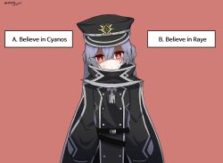 1girl absurdres black_scarf choice dialogue_options duel_monster grey_hair hair_between_eyes hat highres jetihyeon long_hair long_sleeves peaked_cap red_eyes scarf sky_striker_ace_-_roze solo sweat symbol-shaped_pupils twintails yu-gi-oh!