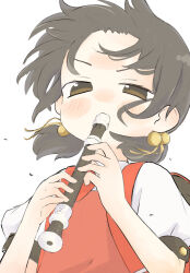 Rule 34 | 1girl, backpack, bag, black hair, blush, brown eyes, commentary request, dress, floating hair, flute, forehead, hair bobbles, hair ornament, half-closed eyes, hands up, highres, holding, holding flute, holding instrument, instrument, kaai yuki, kyoufuu all back (vocaloid), looking at viewer, low twintails, music, necktie, pinafore dress, playing instrument, puffy short sleeves, puffy sleeves, randoseru, recorder, red bag, red dress, red necktie, shirt, short hair, short sleeves, sleeveless, sleeveless dress, solo, twintails, upper body, v-shaped eyebrows, vocaloid, white background, white shirt, wind, yabisara