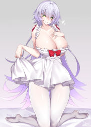 Rule 34 | 1girl, aged up, alternate hair length, alternate hairstyle, bare shoulders, blush, bow, breasts, cleavage, closed mouth, collarbone, commentary request, dress, facial scar, fate/apocrypha, fate/grand order, fate (series), frills, green eyes, hair between eyes, heart, highres, jack the ripper (fate/apocrypha), kneeling, large breasts, legs, long hair, looking at viewer, official alternate costume, pantyhose, red bow, scar, scar across eye, scar on cheek, scar on face, shoulder tattoo, smile, solo, tattoo, watosu, white dress, white hair, white pantyhose