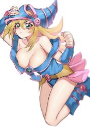 Rule 34 | 1girl, absurdres, areola slip, armpit crease, bare shoulders, blonde hair, blue footwear, blue hat, blush, blush stickers, bracer, breasts, cleavage, closed mouth, collarbone, dark magician girl, duel monster, green eyes, hair between eyes, hat, highres, large breasts, long hair, looking at viewer, pentacle, pentagram, pink skirt, pipi20211026, shiny skin, simple background, skirt, solo, thighs, white background, witch hat, wizard hat, yu-gi-oh!, yu-gi-oh! duel monsters
