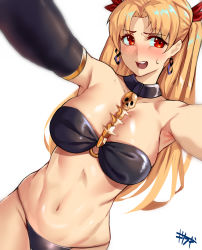 Rule 34 | 1girl, :d, absurdres, adapted costume, armpits, bare shoulders, between breasts, bikini, black bikini, black gloves, blonde hair, blush, breasts, commentary request, dutch angle, earrings, elbow gloves, ereshkigal (fate), fate/grand order, fate (series), female focus, gloves, gold trim, hair ribbon, highres, hoop earrings, infinity symbol, jewelry, kisaragi tsurugi, large breasts, long hair, looking at viewer, looking away, navel, neck, open mouth, parted bangs, red eyes, red ribbon, ribbon, round teeth, signature, simple background, single elbow glove, skull, smile, solo, strapless, strapless bikini, sweatdrop, swimsuit, teeth, tohsaka rin, two side up, type-moon, upper body, upper teeth only, white background