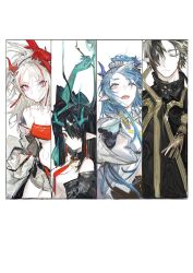 Rule 34 | 1boy, 3girls, arknights, arm tattoo, arm up, bandana, black hair, black shirt, black skin, blue eyes, blue hair, breasts, brother and sister, chong yue (arknights), cleavage cutout, closed eyes, clothing cutout, colored skin, cup, dragon girl, dragon horns, dress, dusk (arknights), green skin, grey shorts, hair over one eye, highres, holding, holding cup, horns, ling (arknights), multicolored hair, multiple girls, necktie, nian (arknights), pipidan, pointy ears, purple eyes, red bandana, red hair, red necktie, red skin, shirt, shorts, siblings, simple background, sisters, small breasts, streaked hair, tattoo, white background, white dress, white hair, white shirt