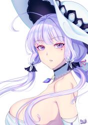 Rule 34 | 1girl, absurdres, ahoge, artist name, azur lane, band-width, breasts, dress, elbow gloves, eyeliner, facepaint, floating hair, gloves, hair ribbon, hat, highres, illustrious (azur lane), large breasts, light purple hair, long hair, looking at viewer, looking to the side, low twintails, makeup, parted lips, purple eyes, ribbon, simple background, solo, strapless, strapless dress, sun hat, tress ribbon, tri tails, twintails, white background, white dress, white gloves, white hat