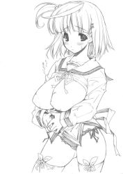 Rule 34 | blush, breasts squeezed together, breasts, clothes lift, hip focus, large breasts, monochrome, nipples, ribbon, school uniform, serafuku, short hair, skirt, skirt lift, tears, thighhighs, uniform