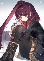 Rule 34 | 1girl, bag, black pantyhose, blush, boots, box, closed mouth, coat, commentary request, detached sleeves, enpera, gift, gift box, girls&#039; frontline, gloves, gradient background, holding, knees up, long hair, looking at viewer, nakamura takeshi, official alternate costume, pantyhose, ponytail, purple hair, red eyes, scarf, school bag, simple background, skirt, smile, snowflakes, solo, wa2000 (date in the snow) (girls&#039; frontline), wa2000 (girls&#039; frontline), white gloves, winter clothes, winter coat