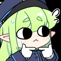 Rule 34 | &lt;o&gt; &lt;o&gt;, 1girl, :&lt;, acomu414, animated, animated gif, bad source, black hat, black jacket, blue archive, buttons, chibi, commentary, double-breasted, furrowed brow, gloves, green hair, hat, hikari (blue archive), index fingers together, jacket, long hair, long sleeves, looking to the side, lowres, nervous, nervous sweating, peaked cap, pointy ears, sidelocks, solo, sweat, symbol-only commentary, transparent background, upper body, white gloves
