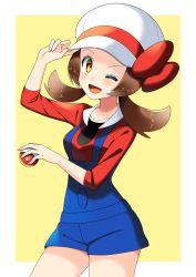 Rule 34 | 1girl, ;d, blue shorts, border, bow, brown eyes, brown hair, collarbone, cowboy shot, creatures (company), game freak, hat, hat bow, hat ribbon, highres, holding, holding poke ball, long hair, looking at viewer, low twintails, lyra (pokemon), nintendo, one eye closed, open mouth, outside border, poke ball, pokemon, pokemon hgss, red bow, red ribbon, red shirt, ribbon, shirt, short shorts, shorts, smile, solo, standing, suspender shorts, suspenders, twintails, white border, white hat, yellow background, yuihico