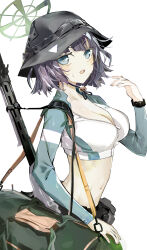 Rule 34 | 1girl, absurdres, bag, belt, belt pouch, black belt, blue archive, blue eyes, breasts, cleavage, cowboy shot, crop top, green bag, green halo, gun, halo, hand up, hat, highres, large breasts, light machine gun, long sleeves, looking at viewer, medium hair, multicolored hair, navel, parted lips, pouch, purple hair, rifle, ryoma (rym 369), saki (blue archive), saki (swimsuit) (blue archive), simple background, solo, strap, streaked hair, teeth, upper teeth only, watch, weapon, white background, wristwatch