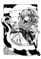 Rule 34 | 1girl, armpits, blush, breasts, closed mouth, cloth, cloud, cloudy sky, coin, commentary request, cowboy shot, eyelashes, flower, full moon, greyscale, hair bobbles, hair ornament, highres, holding, holding scythe, japanese clothes, kimono, large breasts, light smile, looking at viewer, monochrome, moon, night, night sky, nomayo, obi, onozuka komachi, out of frame, outside border, puffy short sleeves, puffy sleeves, sarashi, sash, scythe, see-through, shirt, short sleeves, skirt, sky, solo, spider lily, star (sky), starry sky, touhou, two side up, yukata