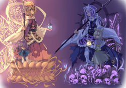 Rule 34 | 4girls, animal ears, animal print, basket, bishamonten&#039;s pagoda, bishamonten&#039;s spear, blonde hair, capelet, dark persona, dual persona, eye contact, grey hair, grin, hair ornament, hair over one eye, hand on another&#039;s head, highres, ko kita, long sleeves, looking at another, mouse (animal), mouse ears, mouse tail, multicolored hair, multiple girls, nazrin, sash, shawl, shirt, sitting, skeleton, skirt, skull, smile, streaked hair, tail, tiger ears, tiger print, toramaru shou, touhou, vest, wide sleeves