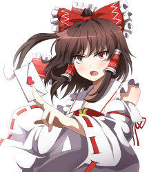 Rule 34 | 1girl, 422322, bad id, bad pixiv id, blush, bow, brown hair, detached sleeves, e.o., female focus, hair bow, hair tubes, hakurei reimu, heart, highres, letter, love letter, open mouth, ponytail, red eyes, short hair, solo, touhou, tsundere, white background, wide sleeves