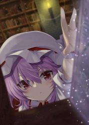 Rule 34 | 1girl, :&lt;, akisome hatsuka, blurry, blurry background, blurry foreground, book, bookshelf, closed mouth, collared shirt, commentary, dutch angle, foreshortening, hair between eyes, hat, hat ribbon, indoors, library, light particles, looking at viewer, medium hair, mob cap, purple hair, reaching, reaching towards viewer, red eyes, red ribbon, remilia scarlet, ribbon, shirt, solo, touhou, upper body, white hat, white shirt, wrist cuffs