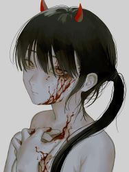 Rule 34 | 1girl, absurdres, bare shoulders, black hair, blood, blood on face, blood on hands, closed mouth, demon horns, hand on own chest, highres, horns, long hair, looking at viewer, nia (x x02), nude, original, ponytail, red horns, simple background, solo, upper body, white background, yellow eyes