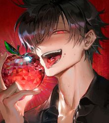 Rule 34 | 1boy, alternate eye color, alternate hair color, apple, bite mark, black hair, black shirt, blush, collared shirt, crystal, dark persona, eating, food, fruit, glowing, glowing eyes, holding, holding food, holding fruit, looking at viewer, male focus, one piece, red apple, runa (nori31291404), saliva, sanji (one piece), shirt, solo, sweatdrop, tongue, tongue out, upper body