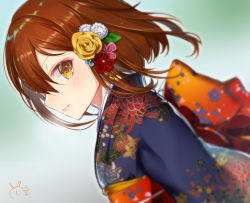 Rule 34 | 1girl, alternate costume, blue kimono, blurry, blurry background, blush, brown eyes, brown hair, closed mouth, commentary request, fang, floral print, from side, haiba 09, hair ornament, hatsumoude, ikazuchi (kancolle), japanese clothes, kantai collection, kanzashi, kimono, looking at viewer, new year, obi, print kimono, profile, sash, short hair, signature, skin fang, solo, upper body