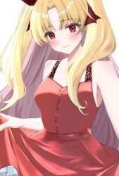 Rule 34 | 1girl, alternate costume, blonde hair, blush, check commentary, clothes lift, commentary, commentary request, dress, ereshkigal (fate), fate/grand order, fate (series), hair ribbon, highres, kaimu0930, looking at viewer, parted bangs, red dress, red eyes, red ribbon, ribbon, simple background, skirt, skirt lift, smile, solo, twintails, white background