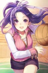 Rule 34 | 1girl, ball, basketball, basketball (object), basketball player, breasts, hakou (barasensou), long hair, long sleeves, lowres, open mouth, playing sports, ponytail, purple eyes, purple hair, shorts, solo, sword girls, vest