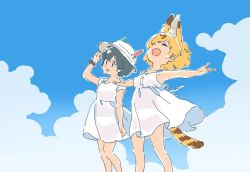 Rule 34 | 10s, 2girls, alternate costume, animal ears, black hair, blonde hair, bucket hat, cloud, commentary request, day, dress, hat, kaban (kemono friends), kemono friends, mitsumoto jouji, multiple girls, open mouth, outstretched arms, panties, see-through, serval (kemono friends), serval tail, short hair, silhouette, sketch, sky, sleeveless, sleeveless dress, smile, striped tail, sundress, tail, underwear