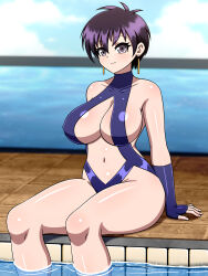 Rule 34 | 1girl, absurdres, arm support, bare shoulders, black hair, blue gloves, blue one-piece swimsuit, breasts, cleavage cutout, clothing cutout, earrings, fingerless gloves, gloves, grey eyes, heart, heart earrings, highres, jewelry, large breasts, meryl stryfe, navel, one-piece swimsuit, partially submerged, pool, shiny skin, short hair, sitting, sky, smile, solo, stomach, stomach cutout, swimsuit, thighs, trigun, water, yensh