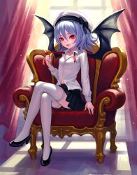 Rule 34 | 1girl, alternate costume, alternate headwear, bat wings, black footwear, black skirt, blue hair, chair, crossed legs, curtains, fangs, fkey, hat, hat ribbon, high heels, highres, indoors, light particles, lips, long sleeves, looking at viewer, miniskirt, open mouth, pleated skirt, red eyes, remilia scarlet, ribbon, shoes, short hair, sitting, skirt, slit pupils, solo, thighhighs, touhou, unbuttoned, unbuttoned shirt, white thighhighs, window, wings