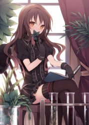 Rule 34 | 1girl, black gloves, blush, book, boots, brown eyes, brown hair, chair, cross-laced footwear, crossed legs, curtains, gloves, hijiri (resetter), lace-up boots, long hair, looking at viewer, original, short sleeves, sitting, skirt, solo, striped clothes, striped thighhighs, test tube, thigh boots, thighhighs, vertical-striped clothes, vertical-striped thighhighs, window, zettai ryouiki