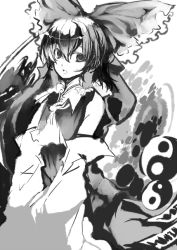 Rule 34 | 1girl, bow, ascot, detached sleeves, female focus, frilled bow, frills, greyscale, hair between eyes, hair bow, hair tubes, hakurei reimu, japanese clothes, long hair, looking at viewer, miko, monochrome, open mouth, sketch, solo, touhou, upper body, yin yang