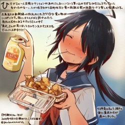 Rule 34 | 1girl, ^ ^, ahoge, black hair, blue sailor collar, can, colored pencil (medium), commentary request, dated, closed eyes, food, hair over one eye, holding, holding can, kako (kancolle), kantai collection, kerchief, kirisawa juuzou, long hair, numbered, red neckwear, sailor collar, school uniform, serafuku, short sleeves, smile, solo, traditional media, translation request, twitter username
