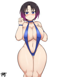 Rule 34 | 1girl, absurdres, areola slip, bikini, blue eyes, blue one-piece swimsuit, blush, breasts, cleavage, curvy, dragon horns, elma (maidragon), highres, horns, huge breasts, jmvmaa, kobayashi-san chi no maidragon, looking at viewer, looking down, navel, one-piece swimsuit, purple hair, short hair, sideboob, simple background, slingshot swimsuit, swimsuit, thick thighs, thighs, white background