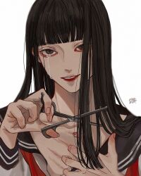 Rule 34 | 1girl, black hair, blunt bangs, brown eyes, crying, crying with eyes open, cutting hair, cutting own hair, fingernails, grey sailor collar, highres, holding, holding scissors, kagoya1219, light smile, long hair, looking at viewer, neckerchief, original, parted lips, red neckerchief, sailor collar, sailor shirt, school uniform, scissors, scratches, self-harm, serafuku, shirt, signature, simple background, solo, straight hair, streaming tears, tears, unbuttoned, unbuttoned shirt, undone neckerchief, upper body, white background