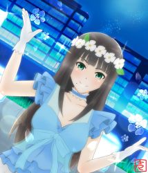 Rule 34 | 1girl, aqua eyes, artist name, artist request, black hair, blue dress, blue skirt, blue sky, blush, breasts, city, cleavage, collarbone, dress, female focus, flower wreath, gloves, green eyes, head wreath, highres, ichi oekaki, kurosawa dia, long hair, looking at viewer, love live!, love live! school idol festival, love live! sunshine!!, medium breasts, mole, mole under mouth, night, night sky, outstretched arms, parted lips, shooting star, skirt, sky, smile, solo, white detached collar, white gloves, yume no tobira