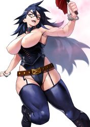 Rule 34 | 1girl, absurdres, black hair, blue eyes, boku no hero academia, breasts, collarbone, covered erect nipples, garter straps, highres, holding, holding whip, large breasts, leotard, long hair, looking at viewer, mask, midnight (boku no hero academia), mole, mole under eye, smile, solo, spread legs, thighs, whip, yoshio (55level)