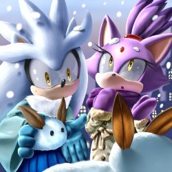 Rule 34 | 1boy, 1girl, blaze the cat, coat, furry, gloves, highres, k.ty (amejin), mittens, no humans, open mouth, sega, silver the hedgehog, smile, snow, sonic (series), yellow eyes