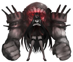 Rule 34 | 10s, 1girl, abyssal ship, battleship princess, black dress, black hair, breasts, clenched hands, crossed arms, dress, gunbuster pose, horns, jariinu (gomasionori), kantai collection, large breasts, long hair, looking at viewer, monster, pale skin, red eyes, short dress, simple background, skin-covered horns, solo, thighhighs, very long hair, white background, zettai ryouiki