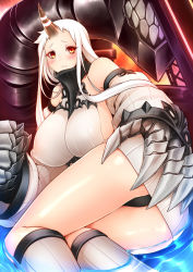 Rule 34 | 10s, 1girl, abyssal ship, albino, ass, bare shoulders, between breasts, black panties, blush, breasts, claws, closed mouth, covered erect nipples, detached sleeves, dress, fire, from below, horns, huge breasts, kantai collection, kneehighs, long hair, looking at viewer, megatama, panties, pantyshot, partially submerged, red eyes, ribbed dress, ribbed legwear, ribbed sweater, seaport princess, short dress, sideboob, single horn, socks, solo, sweater, sweater dress, teeth, underwear, very long hair, water, wavy mouth, white dress, white hair