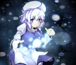 Rule 34 | 1girl, apron, bad id, bad pixiv id, blush, breasts, female focus, ginji74, hat, highres, large breasts, letty whiterock, light purple hair, purple eyes, scarf, short hair, skirt, snow, snowing, solo, touhou, white scarf
