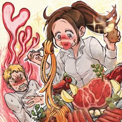 Rule 34 | 1boy, 1girl, blonde hair, blush, breasts, brown hair, chef, desu bba, eating, food, hands on own chest, happy, happy tears, heart, heart in mouth, hetero, highres, long hair, long sleeves, meat, medium breasts, niccolo (shingeki no kyojin), noodles, potato, sasha blouse, shingeki no kyojin, short hair, shy, sparkle, tearing up, tears, tsundere