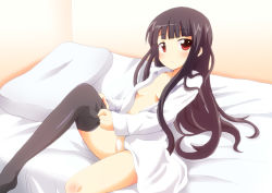 Rule 34 | 10s, 1girl, bed, black thighhighs, blush, breasts, inu x boku ss, leg up, long hair, looking at viewer, massala, midriff, naked shirt, on bed, open clothes, open shirt, pillow, red eyes, shirakiin ririchiyo, shirt, single thighhigh, sitting, small breasts, solo, thighhighs, thighhighs pull