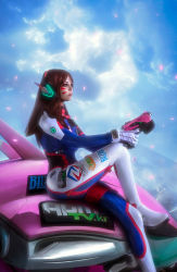 Rule 34 | 1girl, bodysuit, brown hair, clothes, cloud, cosplay, crossed legs, d.va (overwatch), d.va (overwatch) (cosplay), facial mark, falling petals, gloves, gun, helly von valentine (disharmonica), highres, long hair, looking away, overwatch, overwatch 1, petals, photo (medium), sitting, solo, weapon