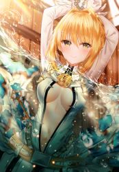Rule 34 | 1girl, absurdres, arms up, belt, blonde hair, blurry, blurry background, bodysuit, bound, bound wrists, breasts, chain, chained, cleavage, closed mouth, cowboy shot, depth of field, fate/extra, fate/extra ccc, fate (series), gloves, highres, junpaku karen, lock, looking at viewer, medium breasts, navel, nero claudius (bride) (fate), nero claudius (fate), nero claudius (fate) (all), open clothes, padlock, partially submerged, partially underwater shot, revision, short hair, sidelocks, smile, solo, splashing, underwater, water, white bodysuit, white gloves