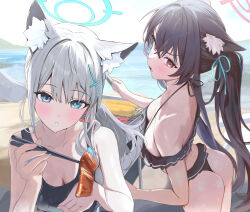 Rule 34 | 2girls, animal ear fluff, animal ears, aqua ribbon, ass, bare shoulders, beach, bikini, black bikini, blue archive, blue eyes, blue halo, blush, breasts, bright pupils, cat ears, chopsticks, cleavage, collarbone, commentary request, corn, cross hair ornament, food, hair ornament, hair ribbon, halo, houraku, large breasts, mismatched pupils, multiple girls, open mouth, outdoors, parted lips, pink halo, red eyes, ribbon, serika (blue archive), serika (swimsuit) (blue archive), shiroko (blue archive), shiroko (swimsuit) (blue archive), swimsuit, white pupils