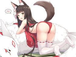 Rule 34 | 1girl, animal ear fluff, animal ears, ass, azur lane, bare shoulders, bent over, black hair, blunt bangs, blush, bra, breasts, commentary request, fox, fox ears, fox mask, full body, hair ornament, hime cut, kneeling, long hair, looking at viewer, mask, mask on head, midriff, nagato (azur lane), nagato (great fox&#039;s respite) (azur lane), open mouth, panties, red bra, red panties, ribbon-trimmed legwear, ribbon trim, shadow, side-tie panties, sidelocks, simple background, small breasts, solo, spoken blush, sweatdrop, tail raised, tatami, thighhighs, underwear, very long hair, white background, white thighhighs, yamasan, yellow eyes